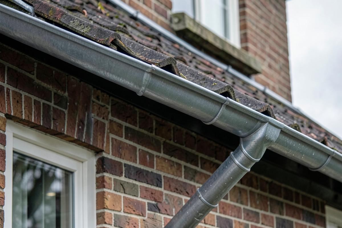 Nieuwe zinken dakgoot en afvoerbuis langs een bakstenen gevel