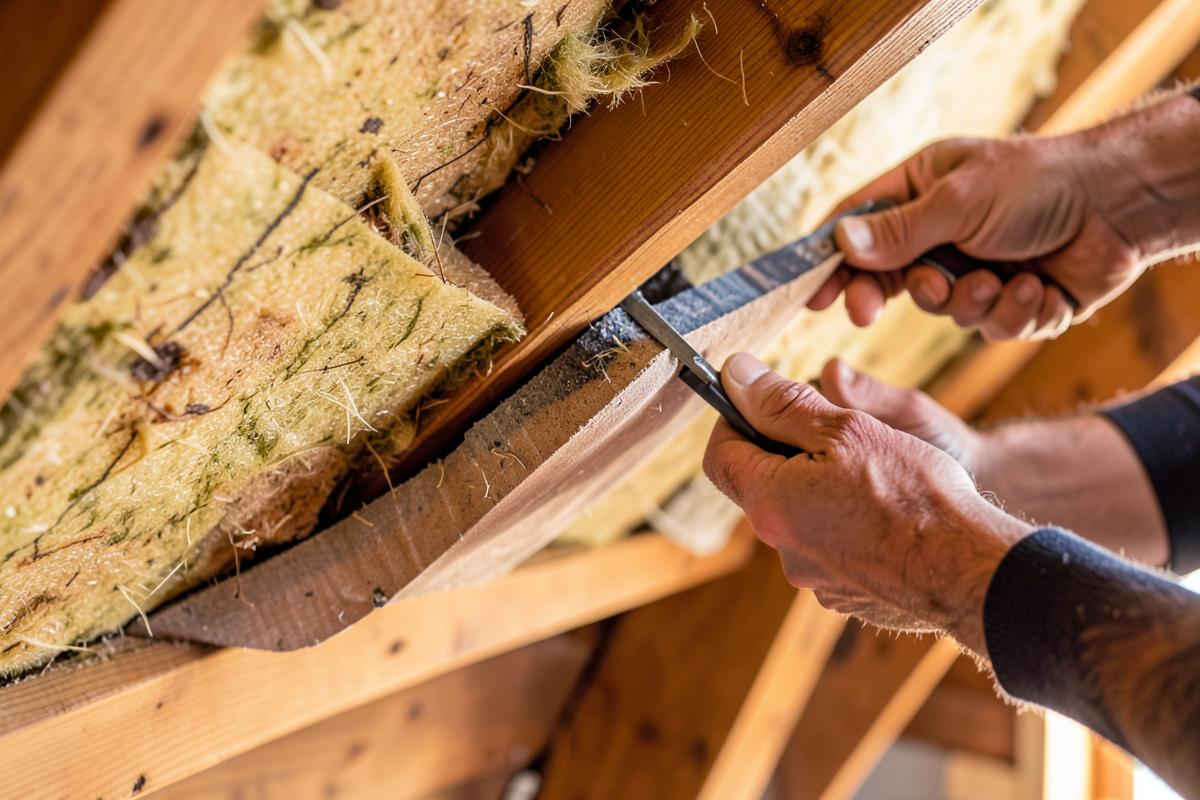 Isolatieplaten worden tussen houten dakbalken geplaatst