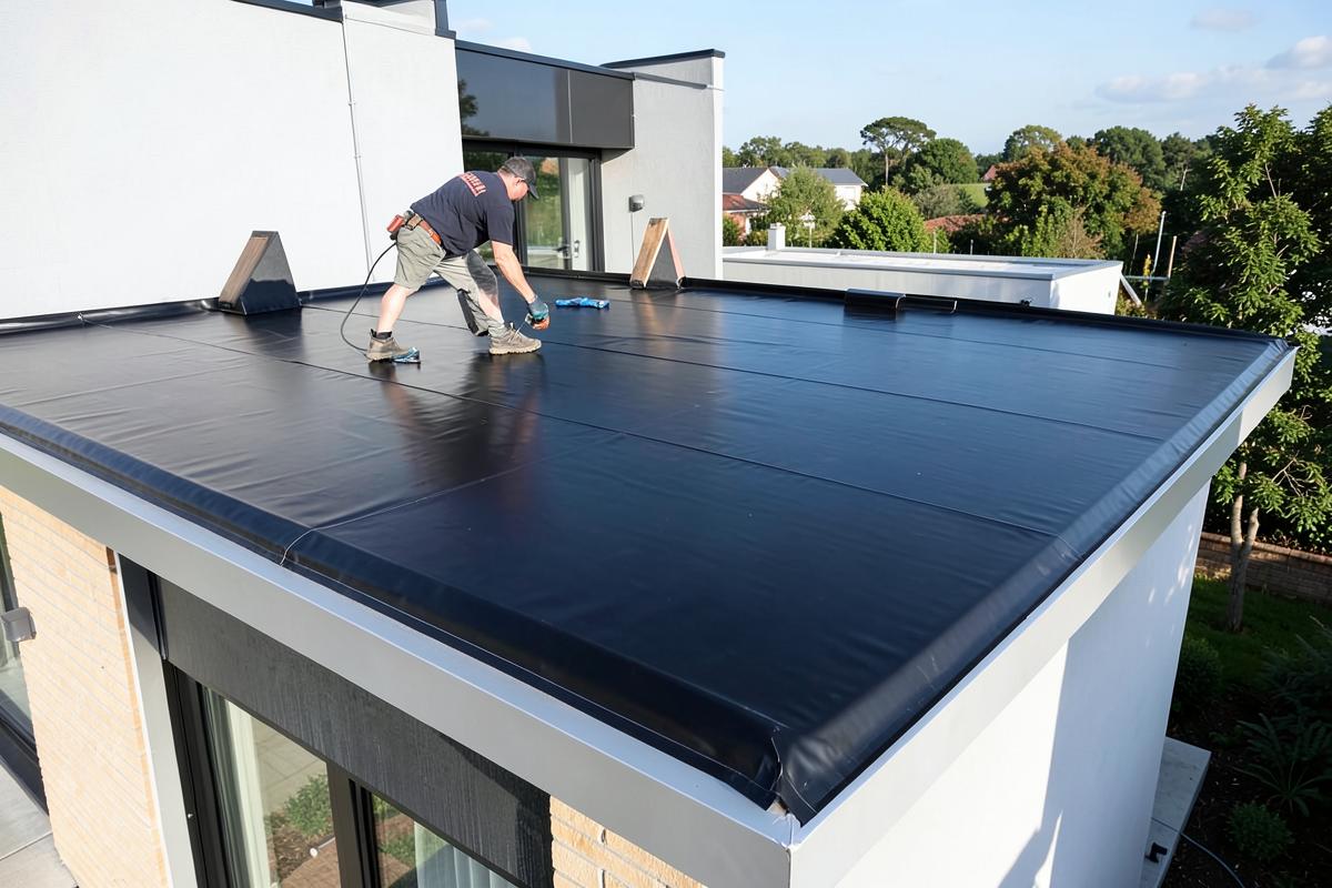 Dakwerker legt een zwarte EPDM-afdichting op een plat dak